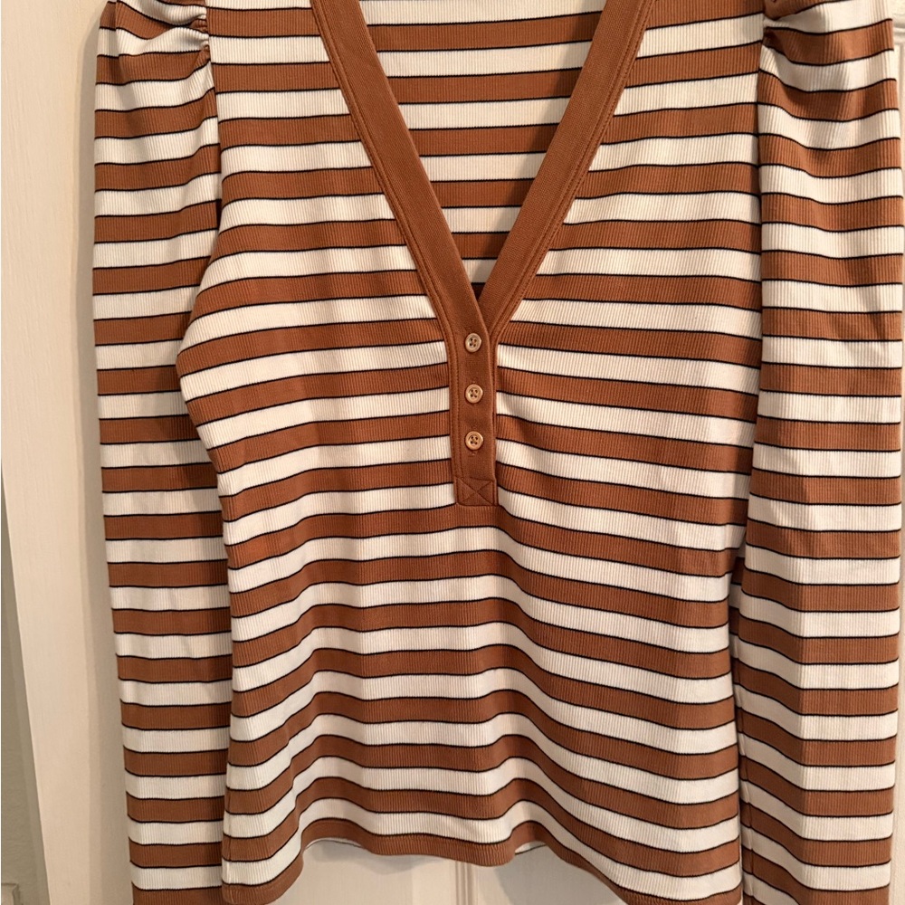 Veronica Beard Brown and White Striped Button Down Shirt.